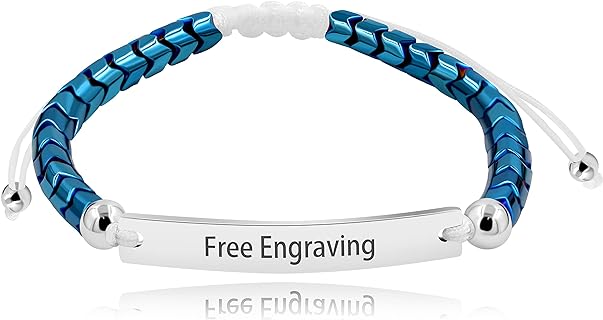 Blue Hematite Beaded Custom Name Bracelets with Bead Chain and Spring Ring Clasp for Men, Women & Couples - Personalized Stainless Steel ID Gift Y1457