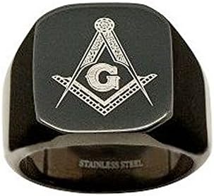 Masonic Rings for Men - Black Flat Face Stainless Steel Masonic Rings for Men. Freemason Ring/Masonic Jewelry for Free Masonry Lodge Member