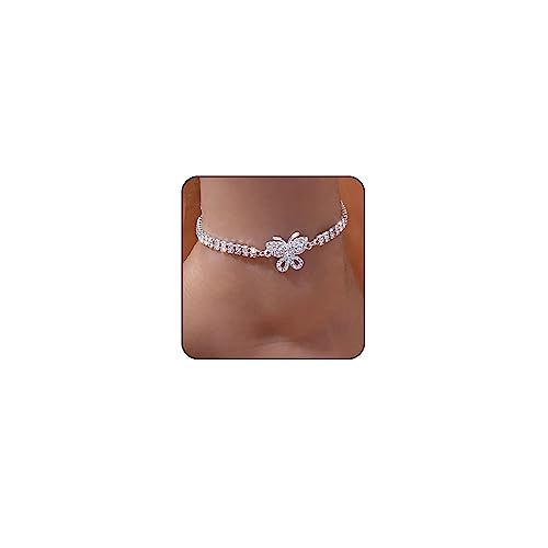 Silver Ankle Bracelets for Women Gold Anklets for Women Waterproof Stainless Steel Link Chain Anklet Tennis Rhinestone Diamond Anklets for Women Heart Butterfly Anklets for Teen Girls Summer Beach Foot Jewelry