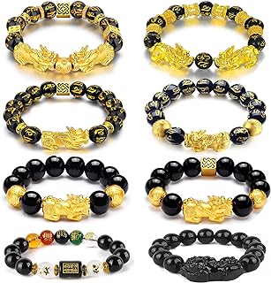 8PCS Feng Shui Good Luck Bracelets for Men Women Five-Element Obsidian Bead Lucky Charm Pi Xiu Pi Yao Bracelet Chinese Dragon Attract Good Luck and Wealth Jewelry Adjustable Elastic