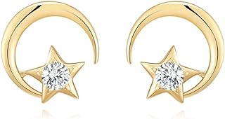 Reffeer 925 Sterling Silver Moon Star Stud Earrings for Women Girls Crystal Moon Star Stud Earrings (B-Yellow Gold)