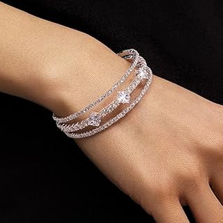 Chargances Elegant Silver Rhinestone Cuff Bracelet with Crystal Strand, Layered Bangle Design for Adult, Ideal for Prom, Party, Wedding, Dating