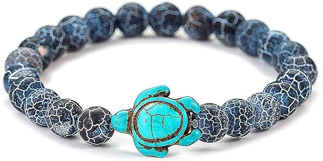 Ocean Sea Turtle Bracelets Save Beach Jewelry for Women Men 8MM Natural Stone Elastic Friendship Beads Bracelet (Black Weathered Granite)