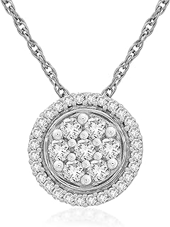 Jewelili Sterling Silver 1/4 Cttw Natural White Round Diamond Halo Cluster Pendant Necklace, 18" Rope Chain