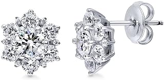 BERRICLE Sterling Silver Flower Cubic Zirconia CZ Halo Anniversary Stud Earrings for Women, Rhodium Plated