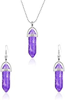 Hexagonal Chakra Crystal Bullet Shape Gemstone Pendant Necklaces Earring Set For Women Girls Men Pointed Quartz Stone Chain Necklaces Artificial Stone