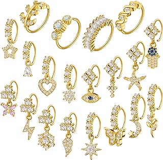 Junkin 20 Pcs 20g Dangle Nose Rings Hoops Dangling Nose Piercing Jewelry Butterfly Heart Star Moon Cute Nose Rings Cartilage Earring for Women Girls