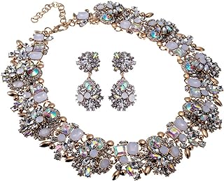 Vintage Crystal Rhinestone Statement Choker Bib Statement Necklace Earring Fashion Costume Jewelry Set for Women