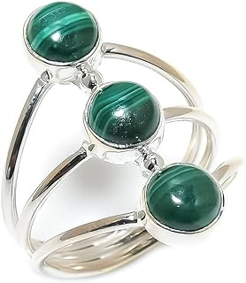 925 Sterling Silver Adjustable Ring with Round-Shaped Malachite Gemstones - Handcrafted Statement Jewelry for Women