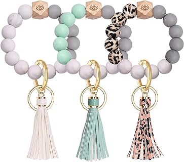 O-Clasp Silicone Beaded Keychain Bracelet with Wooden Beads for Women-3 Pack Vibrant Tassel Decorated Wristlet