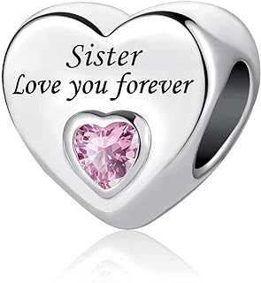 KunBead Sister Heart Love You Forever Birthday Pink Birthstone Girl Bead Charm fit Bracelets Necklace for Women