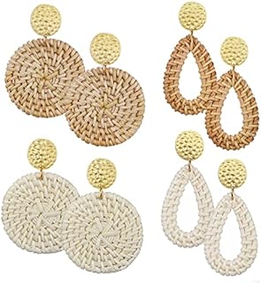 AIDSOTOU Rattan Earrings for Women Lightweight Geometric Statement Earrings Handmade Straw Wicker Braid Teardrop Hoop Drop Dangle Earrings 4 Pairs