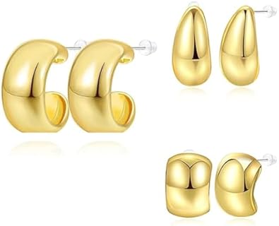 Gold Plated Push-Back Hula Hoop Earrings - Set of 3 Chunky Teardrop Design for Women and Girls
