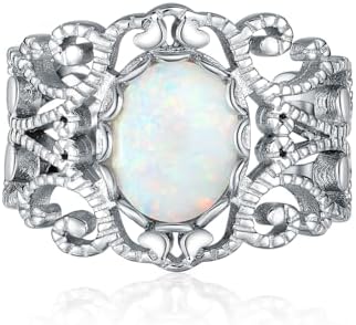White Oval Opal Vintage Filigree Ring, Sterling Silver Engagement Wedding Boho Ring Jewelry Gift for Women Size5 6 7 8 9 10 11