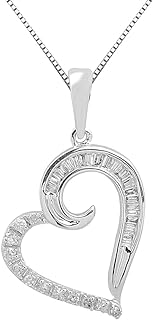 Diamond Heart Necklace in 14k Rose Gold Plate or Sterling Silver 1/8 cttw - Natural Baguette and Round Diamonds - 18 Inch Chain