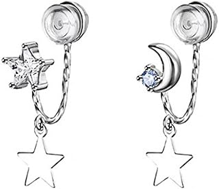 Lightweight Moon and Star Clip-On Earrings for Women | S925 Sterling Silver Dainty Moon Star Clip-On Earrings | Moon and Star with Cubic Zirconia Hypoallergenic Fashion Jewelry Gift for Women and Teen Girls