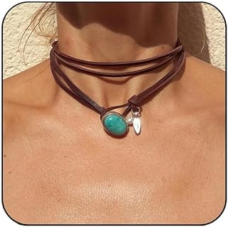 HTH Boho Choker Necklace for Women Layered Bohemian Turquoise Leather Choker Western Boho Necklace