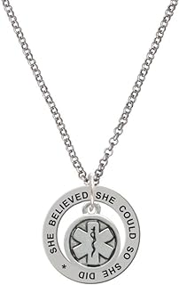 Firefighter Pendant Necklace with Silver Tone Rolo Chain and Lobber Clasp, For Strong Women, Round EMT Star of Life Design