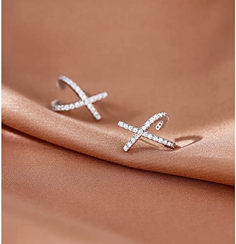 Solid 925 Sterling Silver CZ Cuff Piercing Stud Earrings Wraps for Women Girls X Criss Cross Cuff Earrings Huggie Hoops