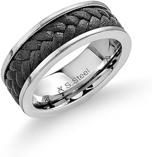 Gem Stone King Men's Shiny Solid Stainless Steel Braided Black Leather Classic Wedding Band Ring (8MM Width, Available in Size 9, 10, 11, 12)