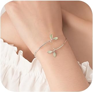 Silver Bangle Plant Cuff Bracelet for Women Adjustable Green Opal Leaf Twigs Branch Bangle for Girls Jewelry Gift