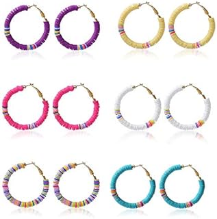 Clip-On Clay Bead Hoop Earrings with Alloy Chain for Women and Girls, Rainbow Disc Design for Summer Beach Parties
