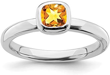 Rhodium Plated Silver Bezel Citrine Stackable Ring for Women with Cushion Cut Design, Available in Sizes 5-10