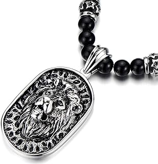 Gothic Stainless Steel Beaded Necklace with Lion Shield Pendant & Lobster Claw Clasp for Men in Black Onyx Design