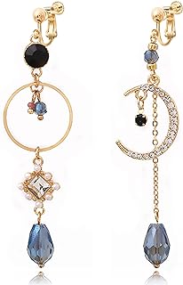 Clip on Earrings for Women Girls Dangle, Asymmetrical Sun and Moon Earrings, Gold Long Boho Earrings Dangling Chain Drops Bohemian Statement Earrings Jewelry