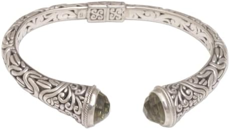 NOVICA Artisan Handmade Prasiolite Cuff Bracelet Balinese Style Hinged 925 Silver Sterling Green Indonesia [6.25 in L (end to End) x 0.5 in W] ' Our Two Souls'