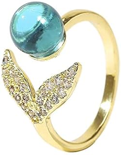 Blue Crystal Mermaid Statement Ring for Women Girls 14K Gold Plated Cubic Zirconia Wrap Finger Band Engagement Promise Rings Adjustable Wedding Bands Fashion Jewelry Gifts