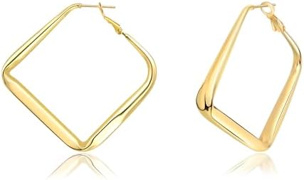 18K Gold Plated Square Hoop Earrings in Stainless Steel for Women and Girls, Nickel-Free and Lightweight Design, 45mm Size