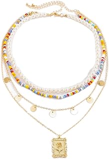 ELABEST Layered Pearl Necklace Gold Colorful Beaded Chain Sequins Pendent Beach Party Nightclub Costume Jewelry for Women and Girls