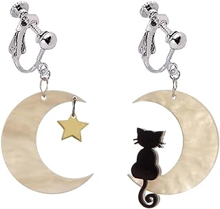 Black Cat Moon Star Clip on Earrings for Women and Girls Acrylic Halloween Earrings