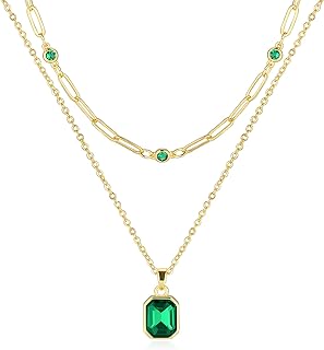 Gold Layered Necklaces for Women, 18k Gold Plated Crystal Necklace Paperclip Choker Emerald Green Jewelry for Women Gifts