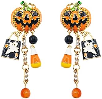 Women's Halloween Pumpkin Dangle Earrings with Alloy Gems - Ghost Pumpkin Drop Design