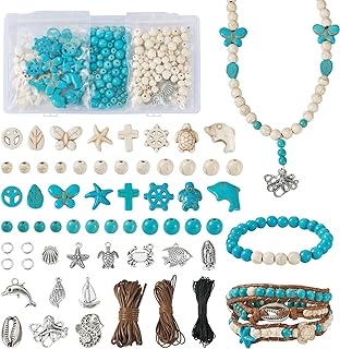 BB Beadthoven Adult Vintage Turquoise Bead Necklace Kit in Metal with Bohemian, Turtle, and Vintage Themed Pendants and Waxed Cord
