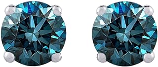 Stunning Blue Round Brilliant Cut Diamond Stud Earrings with Push Back in 14K White Gold for Women
