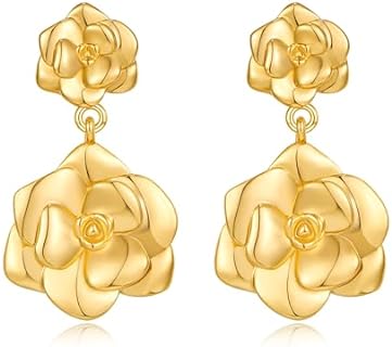 Gold Statement Earrings Double Flower Earrings for Women Gold Elegant Chic Flower Dangle Earrings Unique Flower Jewelry Gift