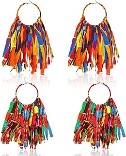 2 Pairs African Fabric Tassel Earrings Set Ankara Fringe Hoop Earrings Fashion African Earrings Cloth Print Earrings Jewelry for Women Girls Accessories