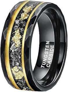 8mm Silver/Black Hammered Tungsten Rings for Men Women Meteorite Chip Gold Foil Inlay Promise Engagement Wedding Band Matte Finish Comfort Fit