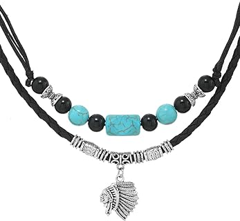 Men Women Black Leather Necklace Vintage Tribal Style Boho Hipppie Double Layered Braided Beaded Necklace with Charm Pendant