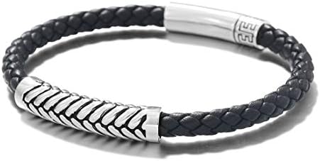 Push Button Clasp, Lace-Up Leather Cuff Bracelet, 925 Sterling Silver Herringbone Chain, for Men, Footmark/Spiritual Energy Design