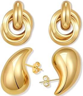 2 Pairs Chunky Gold Earrings for Women, Gold Teardrop Earrings and Geometric Drop Dangle Earrings Hypoallergenic 14K Gold Plated Hoop Earrings Set Trendy Jewelry Gift, Gold/Silver