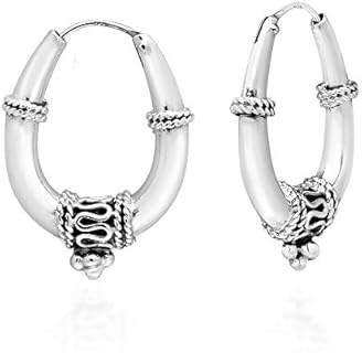 AeraVida Exotic Bali Inspired Tribal Design Oval .925 Sterling Silver Hoop Earrings | Oval Shaped Sterling Silver Earrings for Women | Silver Hoop Earrings for Women