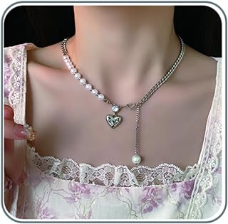 Pearl Necklaces for Women Heart Pendant Necklace Shiny Cubic Zirconia Half Pearl Necklace White Freshwater Pearl Necklaces Adjustable for Girl Dainty Bride Jewelry Gifts
