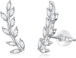 Cubic Zirconia Leaf Climber Stud Earrings with Push Back, Silver & White Gold Plated with Hypoallergenic Cartilage Design