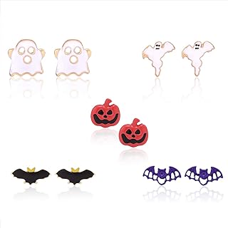 Halloween-Themed Alloy Stud Earrings with Push Back Fitting for Women and Girls - 5 Pair Set Includes Orange Pumpkin, Bat, Ghost Designs