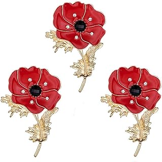 Pack of 3 Opulent Poppy Brooch Pins with Secure Pin Clasp, Alloy Steel, Meaningful Remembrance Day Gift Set, Floral Enamel Design