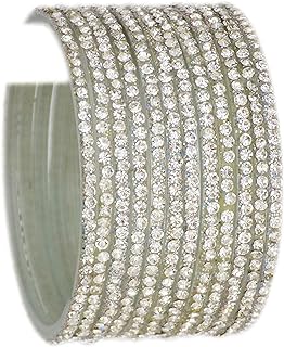 Box Chain Indian Cubic Zirconia Glass Bangle Set for Women, JD'Z Collection - Silver Bollywood Partywear Bracelets, Set of 12